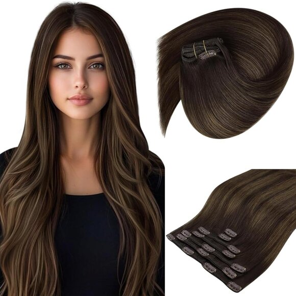 Other - Clip in Hair Extensions Human Hair 18 Inch Straight Balayage Dark Brown